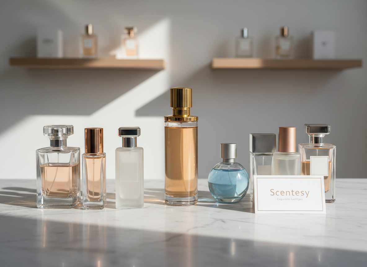 A close-up of an elegant perfume bottle collection arranged on a smooth, dove-grey marble surface. Crystal-clear flacons with faceted glass, frosted vials with matte metallic caps, and one central, tall bottle filled with pale amber liquid form a refined composition. In the softly blurred background, minimalist shelves with a few carefully spaced bottles suggest a curated boutique. Gentle, diffused daylight from the left creates delicate reflections and subtle highlights on the glass, casting long, soft shadows. Photographic realism with a clean, modern aesthetic, shot at eye level with a shallow depth of field, emphasizes sophistication, luxury, and the promise of discovering exquisite luchtjes at Scentesy.